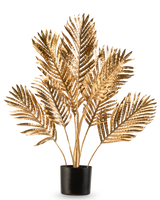 Artificiell palm Areca guld 80 cm är en dekorativ krukväxt med metalliska guldpalmblad i en svart kruka, mot en vanlig vit bakgrund.