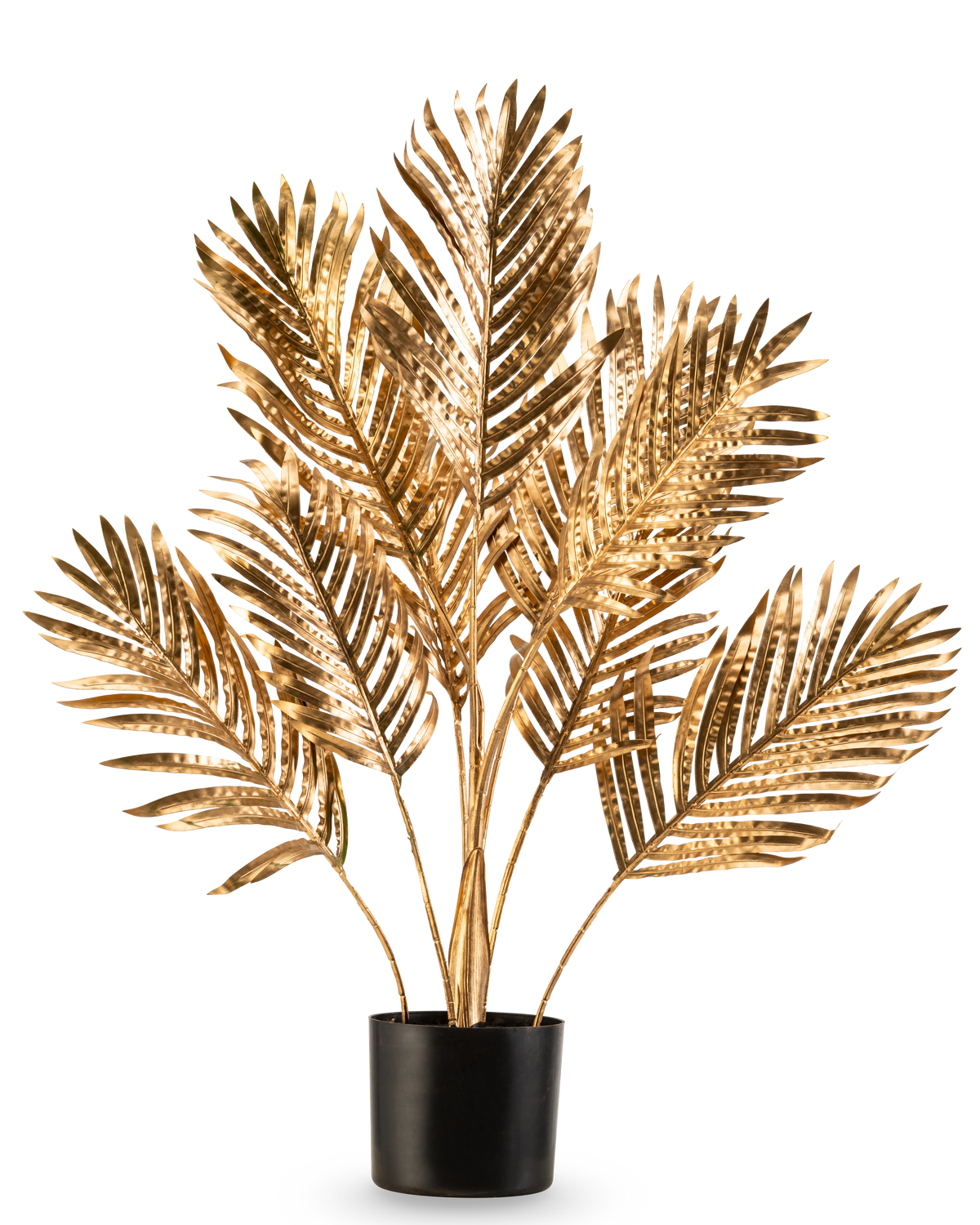 Artificiell palm Areca guld 80 cm är en dekorativ krukväxt med metalliska guldpalmblad i en svart kruka, mot en vanlig vit bakgrund.