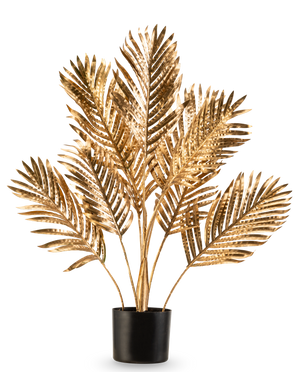 Artificiell palm Areca guld 80 cm är en dekorativ krukväxt med metalliska guldpalmblad i en svart kruka, mot en vanlig vit bakgrund.