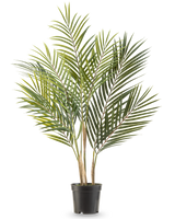 Artificiell palm Chamaedorea 71 cm har långa, smala gröna blad och flera stammar, vilket gör att den ser ut som en lång palm i en kruka mot en vit bakgrund.