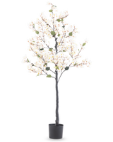 Artificiell Bougainvillea 150 cm vit är ett högt konstgjort träd med vita blomljus och gröna blad, i en svart cylindrisk kruka mot en vanlig vit bakgrund.