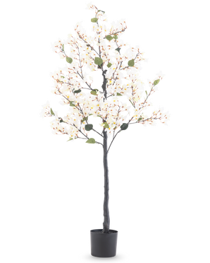 Artificiell Bougainvillea 150 cm vit är ett högt konstgjort träd med vita blomljus och gröna blad, i en svart cylindrisk kruka mot en vanlig vit bakgrund.