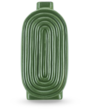 Vasen Breaths 24 cm grön har en oval, räfflad form och en liten öppning upptill, perfekt som en keramikvas för konstgjorda blommor. Står upprätt på en ljus bakgrund.