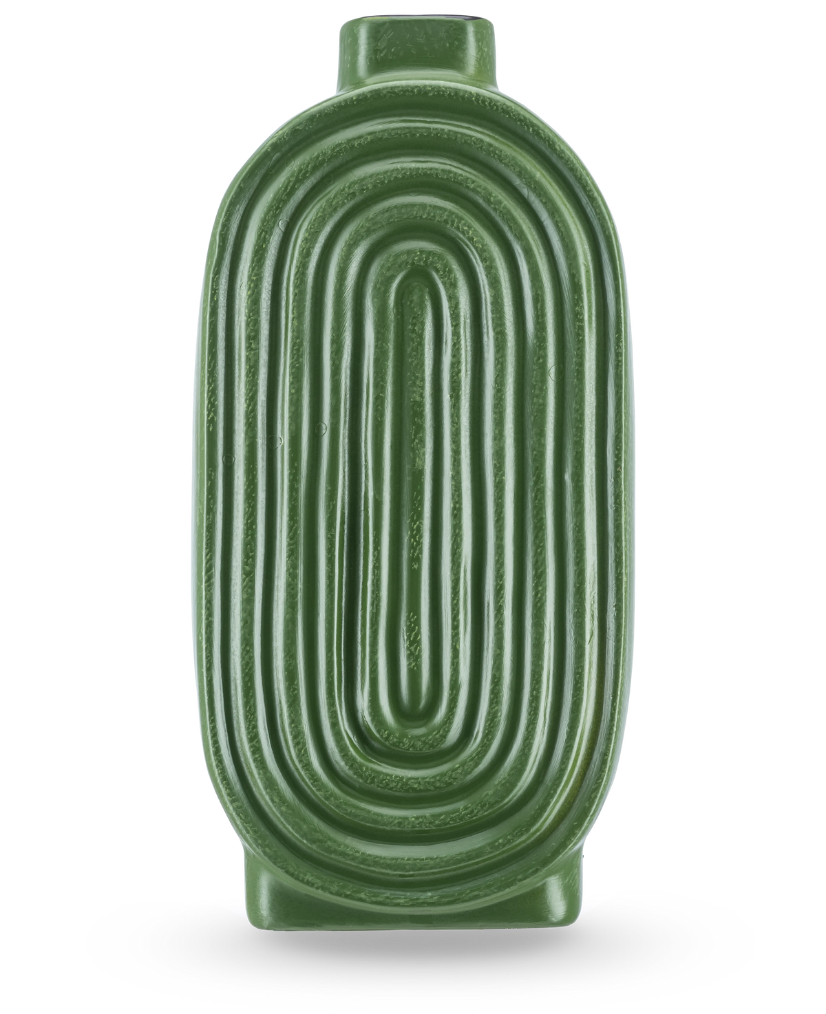 Vasen Breaths 24 cm grön har en oval, räfflad form och en liten öppning upptill, perfekt som en keramikvas för konstgjorda blommor. Står upprätt på en ljus bakgrund.