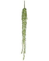 Den konstgjorda hängande växten Senecio 91 cm har långa, slingrande trådar med små runda gröna blad, som hänger vertikalt mot en vanlig vit bakgrund.