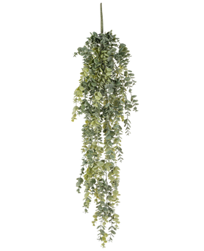 Den konstgjorda hängande växteukalyptusen 60 cm har realistiska, små runda gröna blad som faller ner, vilket skapar en verklighetstrogen konstgjord eukalyptus mot en vanlig vit bakgrund.