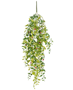 Den konstgjorda hängväxten Gardenia med bär 81 cm är en konstgjord hängväxt med gröna blad och små röda bär, avbildad mot en vit bakgrund.