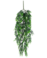 Den konstgjorda hängande växten Eucalyptus UV 80 cm har täta, forsande gröna blad och en synlig stjälk i toppen, mot en vanlig vit bakgrund.