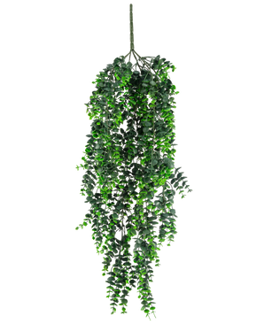 Den konstgjorda hängande växten Eucalyptus UV 80 cm har täta, forsande gröna blad och en synlig stjälk i toppen, mot en vanlig vit bakgrund.