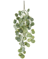 Den konstgjorda hängande växten Eucalyptus 73 cm har runda gröna blad på flera stjälkar som hänger graciöst mot en vit bakgrund.