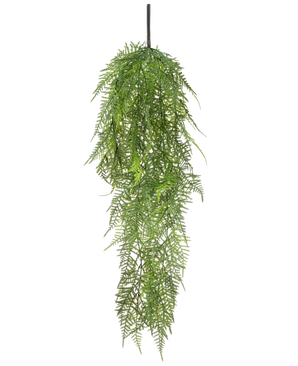 Den konstgjorda hängande växtsparrisen 78 cm har långa, känsliga gröna blad som faller ner, vilket skapar en frodig, verklighetstrogen bild mot en vanlig vit bakgrund.