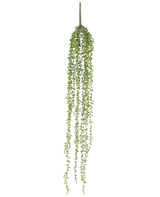 Den konstgjorda hängande växten Senecio 91 cm har långa, hängande stjälkar med små gröna blad, vilket skapar en elegant konstgjord hängande växt mot en vanlig vit bakgrund.
