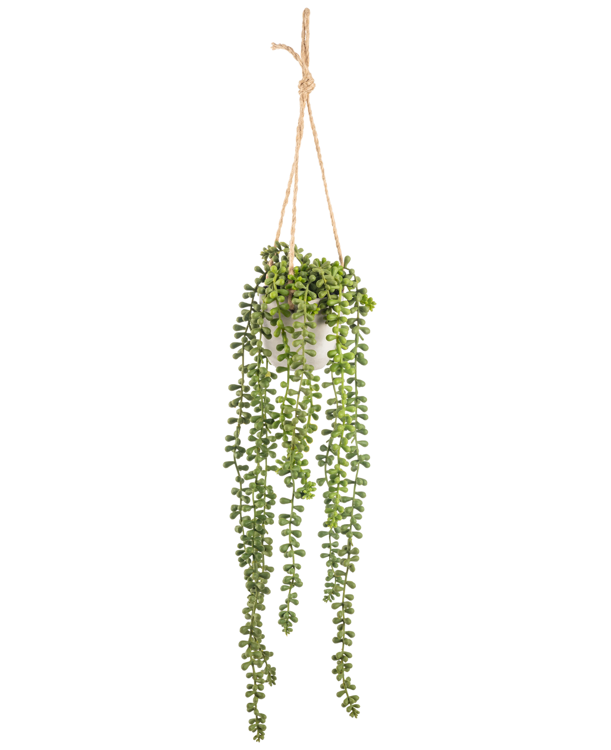 Den konstgjorda Senecio hängande växten i kruka 55 cm har långa gröna hängande stjälkar med runda blad, hängande i en vit kruka på ett brunt rep, perfekt för att lägga till grönska till alla utrymmen.