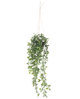 Den konstgjorda hängande växten Scindapsus i kruka 73 cm har frodiga gröna blad och långa slingrande rankor, upphängda i tunt rep mot en vanlig vit bakgrund.