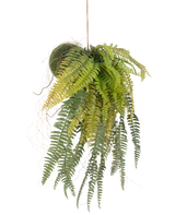 Den konstgjorda hängande växten Fern on ball 63 cm har frodiga, överhängande gröna blad och ömtåliga blad. Hängande i ett tunt snöre mot en vit bakgrund är det den perfekta underhållsfria hängväxten för alla rum.