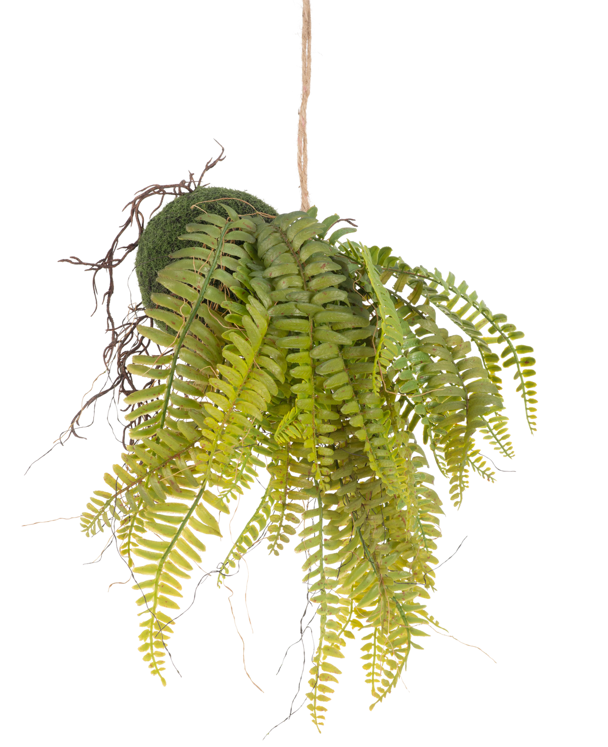 Den konstgjorda hängande växten Fern on ball 26 cm har naturtrogna gröna blad i en mossbeklädd boll, upphängd i ett snöre - en idealisk dekorativ pjäs för alla interiörer mot en vit bakgrund.