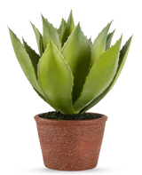 Den konstgjorda växten Agave 25 cm har tjocka, spetsiga gröna blad i en rödbrun kruka med struktur, mot en vanlig vit bakgrund.