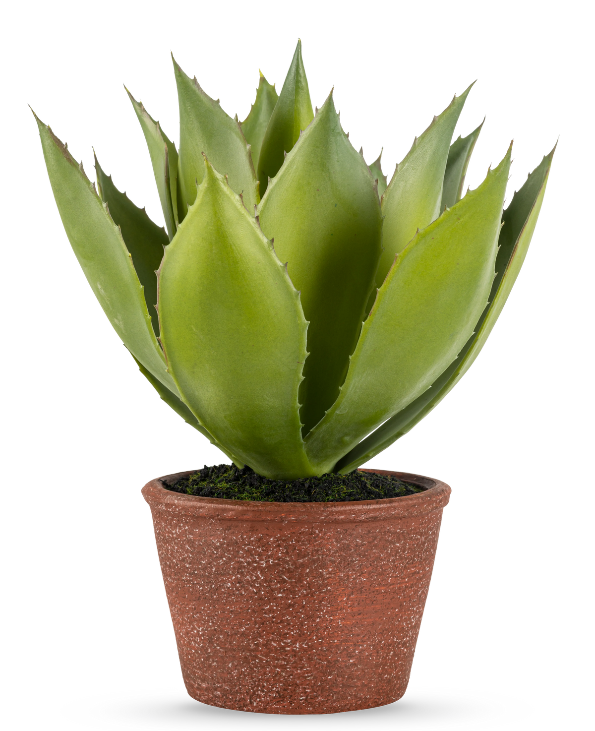 Den konstgjorda växten Agave 25 cm har tjocka, spetsiga gröna blad i en rödbrun kruka med struktur, mot en vanlig vit bakgrund.