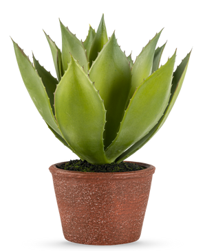Den konstgjorda växten Agave 25 cm har tjocka, spetsiga gröna blad i en rödbrun kruka med struktur, mot en vanlig vit bakgrund.