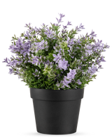Konstgjorda växten Buxus lila UV 22 cm har en svart blomkruka med en frodig konstväxt med små ljuslila blommor och gröna blad mot en vanlig vit bakgrund.