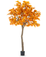 The Artificial Tree Maple 280 cm är en hög konstgjord lönn med livfulla orange höstlöv i en svart kruka, isolerad på en vit bakgrund.