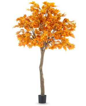 The Artificial Tree Maple 280 cm är en hög konstgjord lönn med livfulla orange höstlöv i en svart kruka, isolerad på en vit bakgrund.