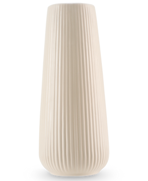Vase Dust 20 cm beige är en hög, benvit keramikvas med en slät matt yta och vertikala ribbor. Den moderna, lätt avsmalnande designen gör den perfekt som vas för konstgjorda blommor.