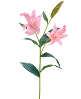 Artificiell Blomma Lily Real Touch rosa 95 cm har en enda grön stjälk med två blommande rosa liljor och en sluten knopp, omgiven av långa, spetsiga gröna blad, mot en vit bakgrund.