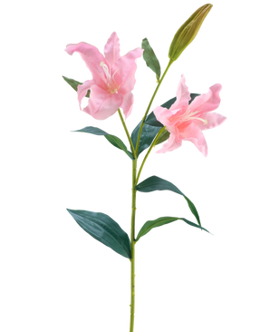 Artificiell Blomma Lily Real Touch rosa 95 cm har en enda grön stjälk med två blommande rosa liljor och en sluten knopp, omgiven av långa, spetsiga gröna blad, mot en vit bakgrund.