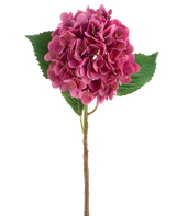 En lilaröd artificiell hortensia Real Touch-blomma med gröna blad, 58 cm hög.