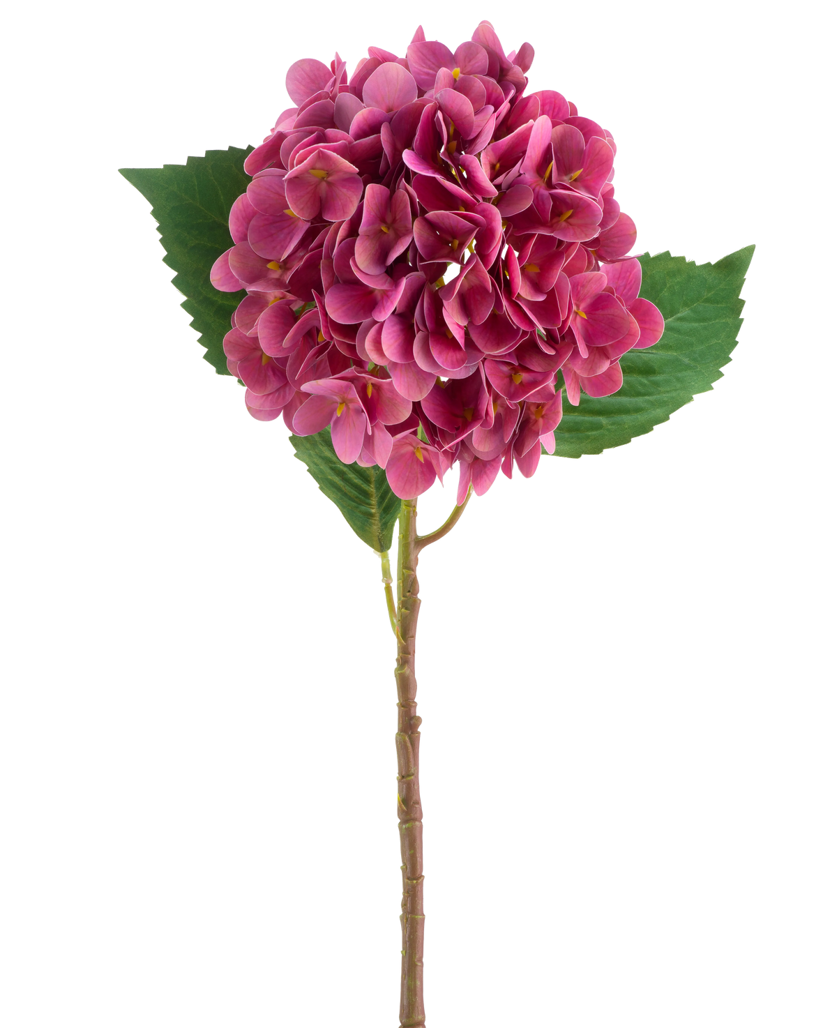 En lilaröd artificiell hortensia Real Touch-blomma med gröna blad, 58 cm hög.