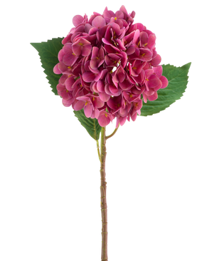 En lilaröd artificiell hortensia Real Touch-blomma med gröna blad, 58 cm hög.