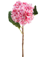 Artificiell blomhortensia Real Touch rosa 58 cm är en enda rosa konstgjord hortensiastam med gröna blad, med en rund blomning av många små kronblad, vackert detaljerad och isolerad på en vit bakgrund.