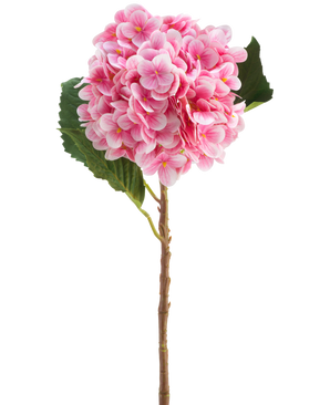 Artificiell blomhortensia Real Touch rosa 58 cm är en enda rosa konstgjord hortensiastam med gröna blad, med en rund blomning av många små kronblad, vackert detaljerad och isolerad på en vit bakgrund.