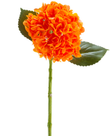 Den konstgjorda blomman Charlotte Hydrangea Real Touch orange 55 cm har en levande orange hortensiablomma med kronblad, en grön stjälk och två stora gröna blad mot en vit bakgrund.