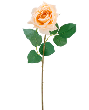 Den konstgjorda blomman Crystal touch fuktgivande ros Real Touch i champagne är en enda konstgjord ros med gröna blad på en 43 cm lång, smal stjälk, avbildad mot en vanlig vit bakgrund.