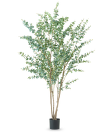 Den konstgjorda växten Eucalyptus 240 cm är en hög konstgjord växt med flera tunna vedartade stjälkar och runda gröna blad, som visas i en enkel svart kruka mot en vanlig vit bakgrund.