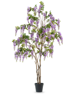 Den konstgjorda blåregnväxten 280 cm är ett högt konstgjort blåregnträd i en svart kruka, med flera smala bruna stammar och kaskadlila blommor med gröna blad, mot en vanlig vit bakgrund.