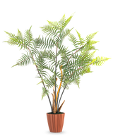 Artificial Fern Deluxe 117 cm är en hög konstgjord ormbunke med flera gröna blad och smala stjälkar, som står i en brun räfflad kruka mot en vanlig vit bakgrund.