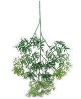 Kunsttak Ming Aralia spray 72 cm har gröna, fjäderlätta konstgjorda blad med fina, nålliknande kanter i olika gröna nyanser, hängande upp och ner mot en vit bakgrund.