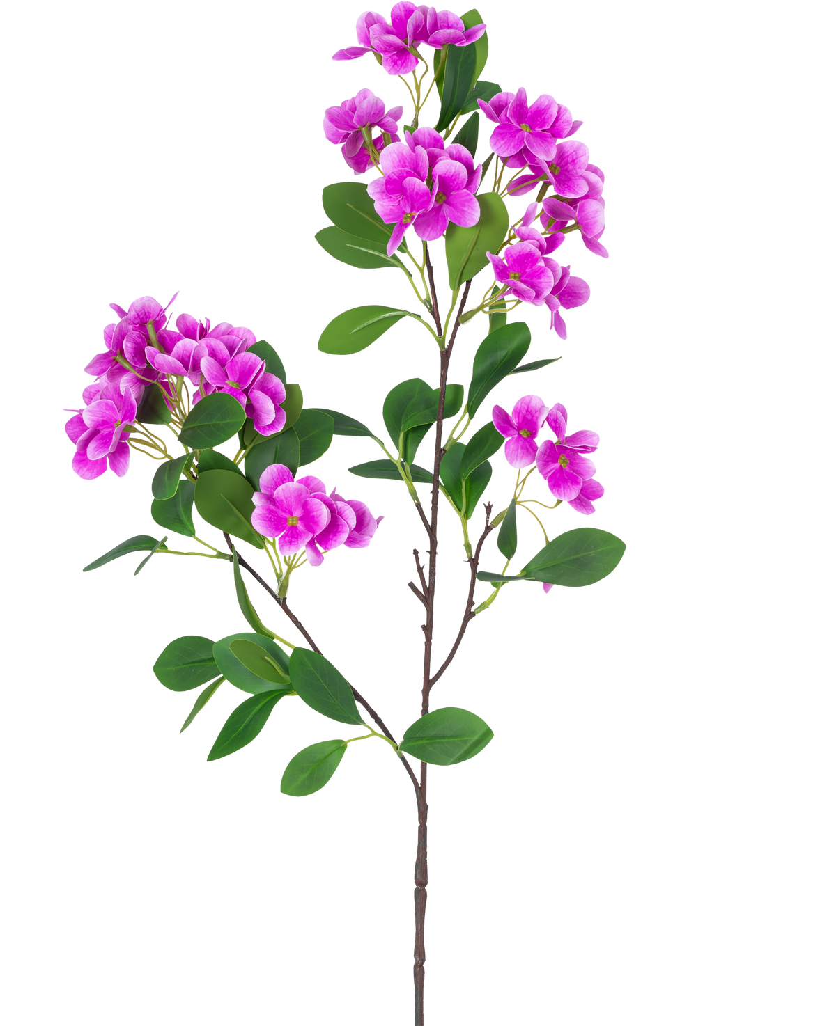 Artificiell blomsnöboll Real Touch Purple 80 cm har en enda stjälk med flera klasar av livfulla lila blommor och frodiga gröna blad, vackert presenterad mot en vit bakgrund.