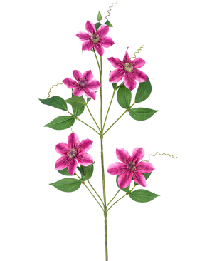 Den konstgjorda blomman Clematis dubbel 78 cm lila har fem stjärnformade, lila dubbla blommor med gröna blad och lockiga rankor på smala stjälkar, mot en vit bakgrund.