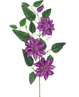 Artificiell blomklematis stor 81 cm lila har tre stora lila blommor, gröna blad, lockiga rankor och en sluten knopp på en enda stjälk mot en vit bakgrund.