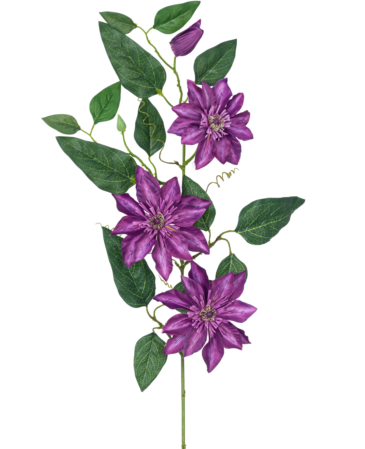 Artificiell blomklematis stor 81 cm lila har tre stora lila blommor, gröna blad, lockiga rankor och en sluten knopp på en enda stjälk mot en vit bakgrund.