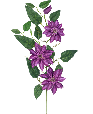 Artificiell blomklematis stor 81 cm lila har tre stora lila blommor, gröna blad, lockiga rankor och en sluten knopp på en enda stjälk mot en vit bakgrund.