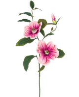 Konstblommamagnolian 82 cm rosa/vit har en enda stjälk med två stora rosa-vita magnoliablommor, en knopp och flera mörkgröna blad, mot en vanlig vit bakgrund.