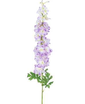 Den konstgjorda blomman Delphinium 105 cm lila har en enda lång stjälk av ljuslila konstgjorda blommor med gröna blad, avbildade mot en vanlig vit bakgrund.