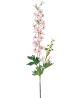 En enda konstgjord blomma Delphinium 79 cm ljusrosa har flera små ljusrosa blommor och gröna blad, isolerade på en vit bakgrund.