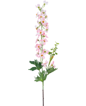 En enda konstgjord blomma Delphinium 79 cm ljusrosa har flera små ljusrosa blommor och gröna blad, isolerade på en vit bakgrund.