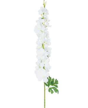 Konstgjord blomma Delphinium 105 cm vit: en enda lång stjälk med flera vita blommor och gröna blad, presenterad mot en vanlig vit bakgrund.